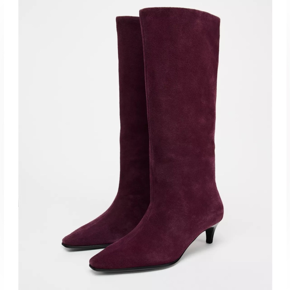 ZARA SUEDE HEELED BOOTS KITTEN KNEE HIGH BURGUNDY 8 39 LEATHER 1007/510 RED